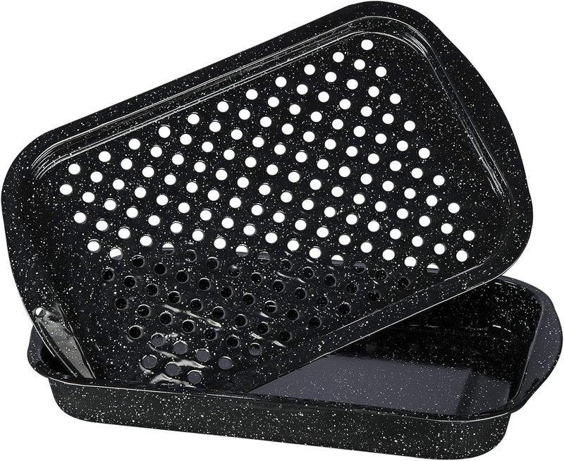 Granite Ware 3 piece multiuse set. Enameled steel bake, broiler pan, and grill with rack. Versatile for oven and direct fire cooking. Resists up to 932°F. - Image 3