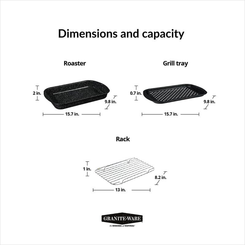 Granite Ware 3 piece multiuse set. Enameled steel bake, broiler pan, and grill with rack. Versatile for oven and direct fire cooking. Resists up to 932°F. - Image 2