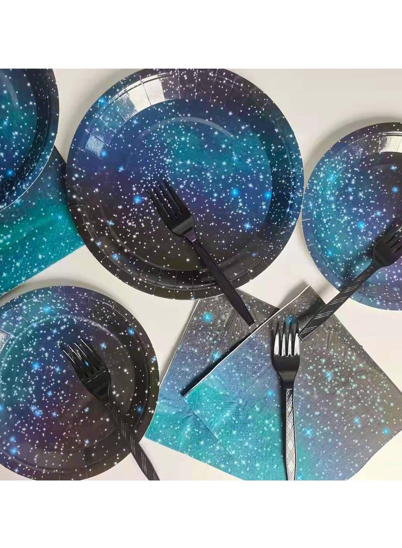 96 Pcs Galaxy Party Starry Night Supplies Tableware Set, Outer Space Theme Birthday Star Party Table Decorations Solar System Paper Plates Napkins Forks for 24 Guests - Image 4