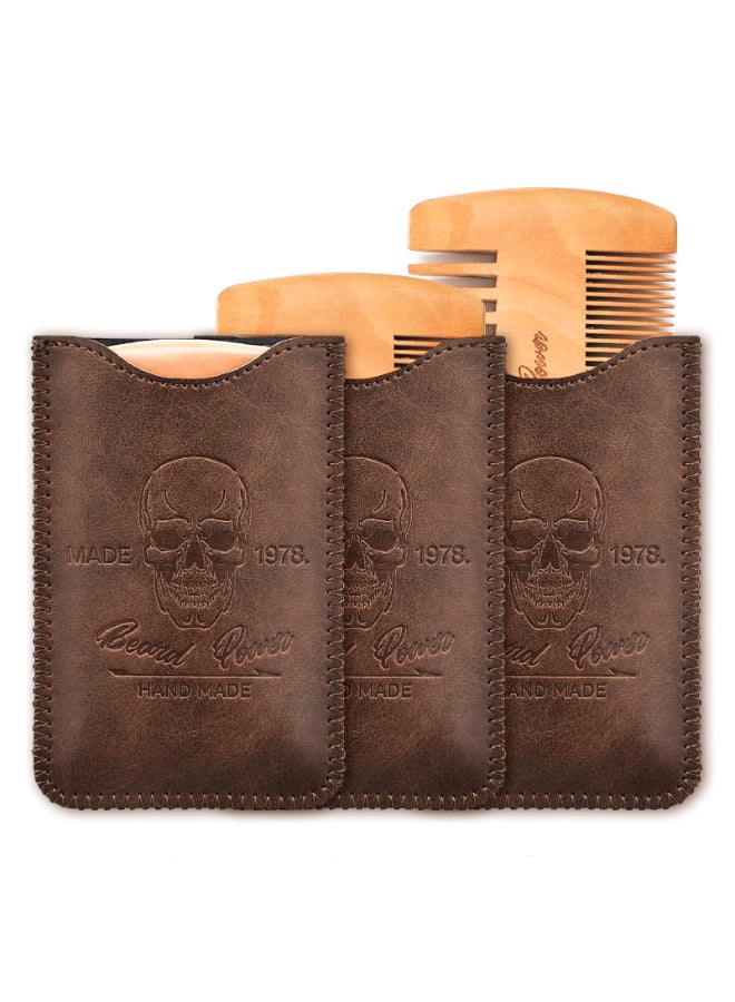 Menesia Wooden Beard Combs with Cases Fine Coarse Teeth Pocket Comb for Beards Mustaches Hair Brown Skull Design - Image 2