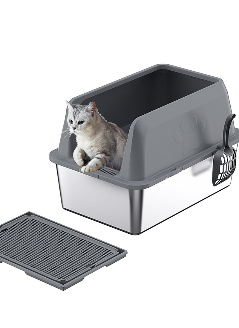 Kidle - Large Stainless Steel Cat Litter Box with Litter Scoop Cat Toilet Cat Litter Tray High Wall Side Shell Non-Sticky Anti Splashing and Easy Clean - Image 1