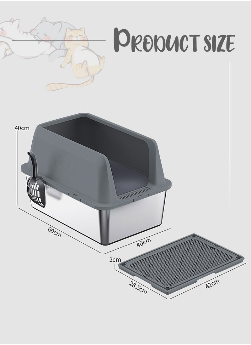 Kidle - Large Stainless Steel Cat Litter Box with Litter Scoop Cat Toilet Cat Litter Tray High Wall Side Shell Non-Sticky Anti Splashing and Easy Clean - Image 1