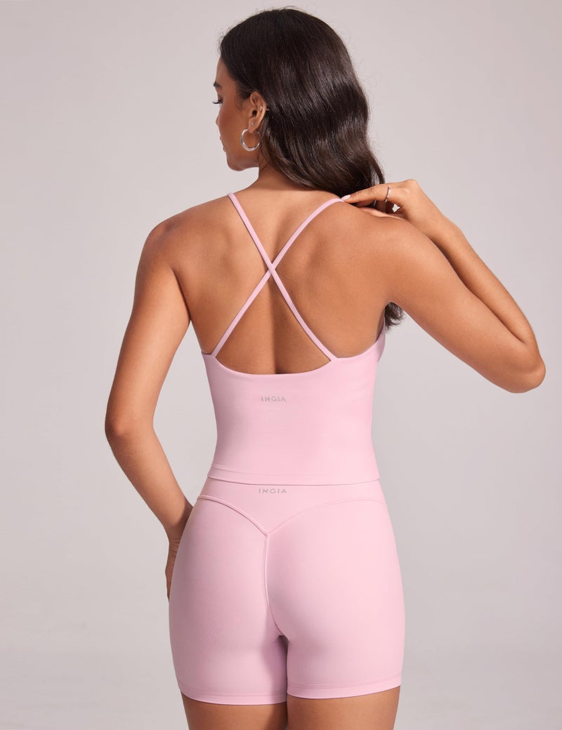 INGIA Womens Low Scoop Neck Tank Tops Built in Bra U Back Workout Tanks Spaghetti Criss Cross Strap Sleeveless Cropped Top Milk Pink Medium - Image 5