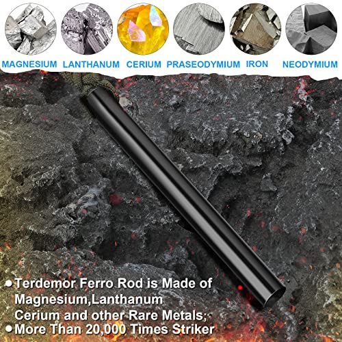 terdemor fire starter Ferro Rod Fire Starter Kit – 5" Flint and Steel with Two Waxed Tinder Cord & Paracord for Camping, Hiking, Outdoor Survival, Emergency Preparedness - Image 4