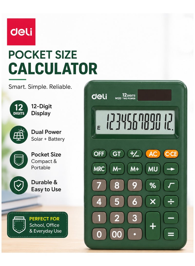 Deli 1-Piece Pocket Size Portable Calculator With 12 Digit Display Green - Image 1