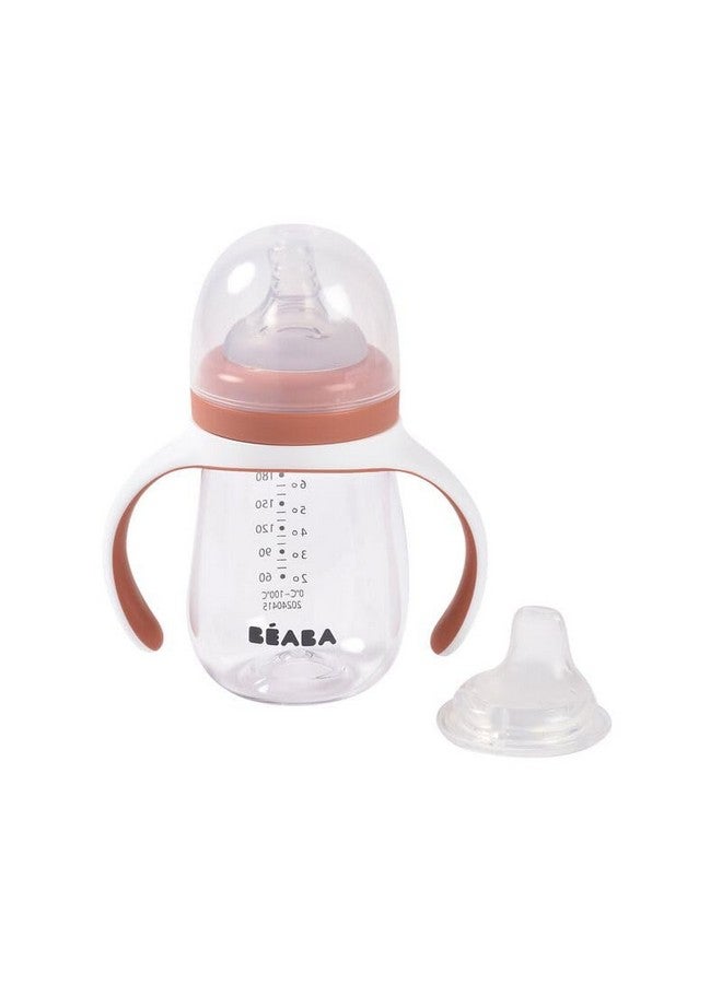 بيابا كوب شرب 2 في 1 من بيبا، زجاجة رضاعة للأطفال، كوب شرب مانع للانسكاب، يتضمن مقابض قابلة للإزالة، حلمة رضاعة أطفال من السيليكون وفوهة ناعمة، 7 أونصة، لون تيراكوتا - Image 1