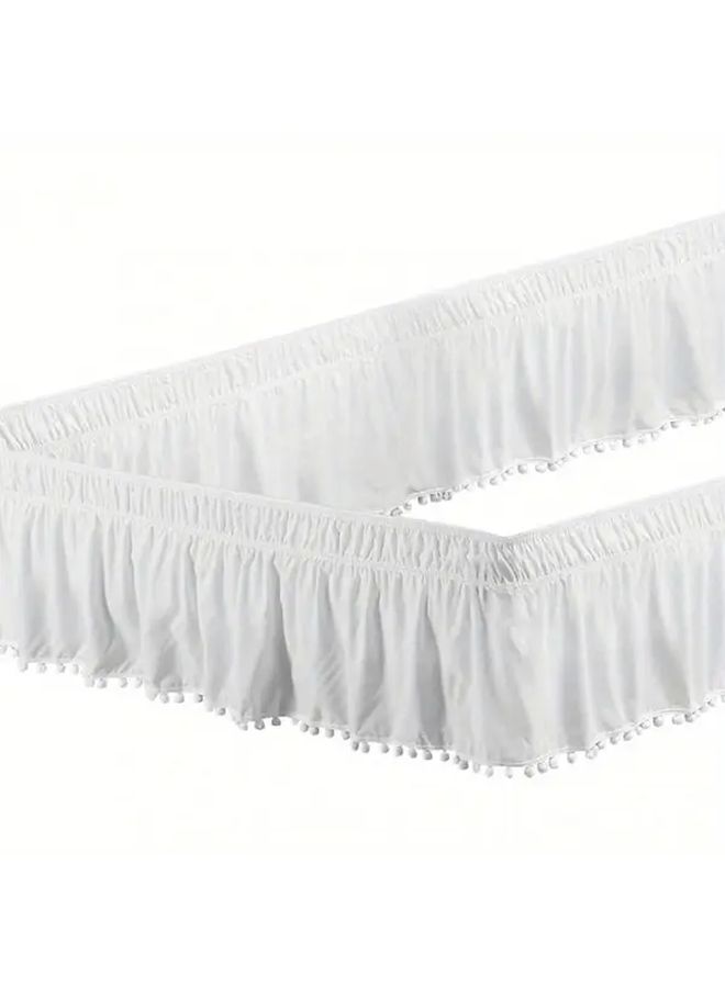 White Elastic Ruffled Bed Skirt With Pompom Detail Machine Washable Lightweight Polyester - Image 2