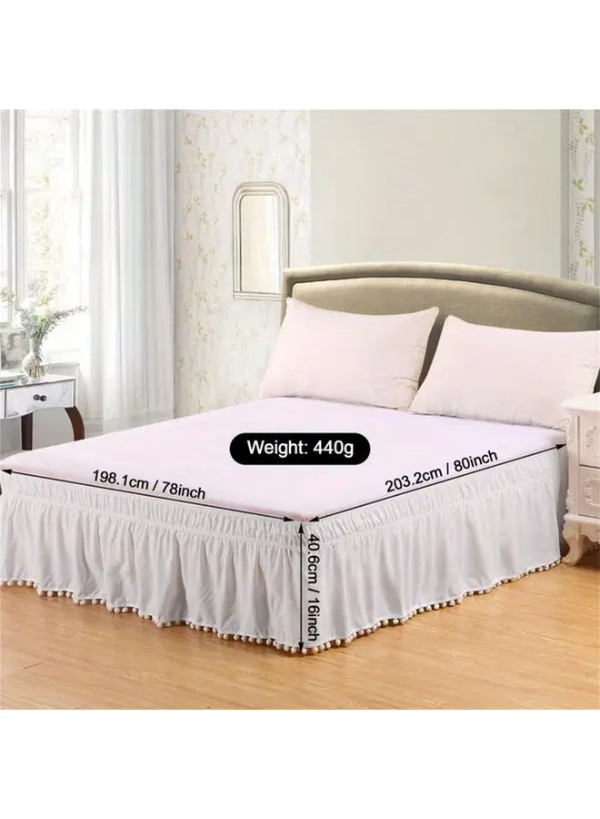 White Elastic Ruffled Bed Skirt With Pompom Detail Machine Washable Lightweight Polyester - Image 4