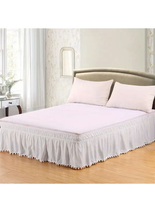 White Elastic Ruffled Bed Skirt With Pompom Detail Machine Washable Lightweight Polyester - Image 3
