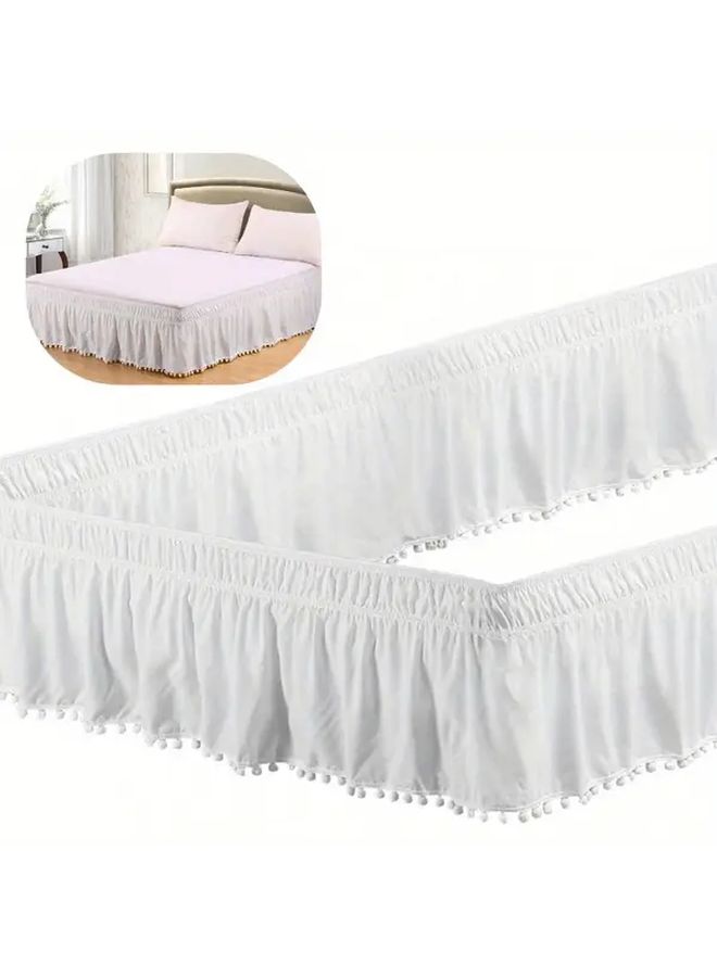 White Elastic Ruffled Bed Skirt With Pompom Detail Machine Washable Lightweight Polyester - Image 1