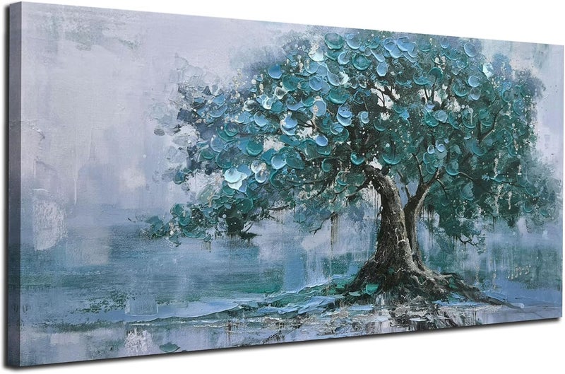 ARS Graphics ARS® Tree of Life Wall Art - 40x20 Inch Teal Blue Canvas Painting - Image 1