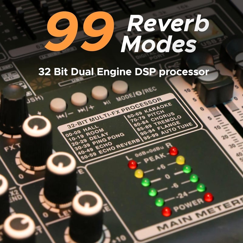 DIGIMORE خلاط 8 قنوات مع واجهة، خلاط DJ بلوتوث 32 DSP تأثير ريفرب +48V فانتوم لاستوديو الكاريوكي والبث والتسجيل (D-256) - Image 3