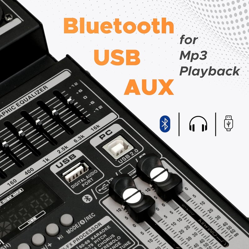 DIGIMORE خلاط 8 قنوات مع واجهة، خلاط DJ بلوتوث 32 DSP تأثير ريفرب +48V فانتوم لاستوديو الكاريوكي والبث والتسجيل (D-256) - Image 5