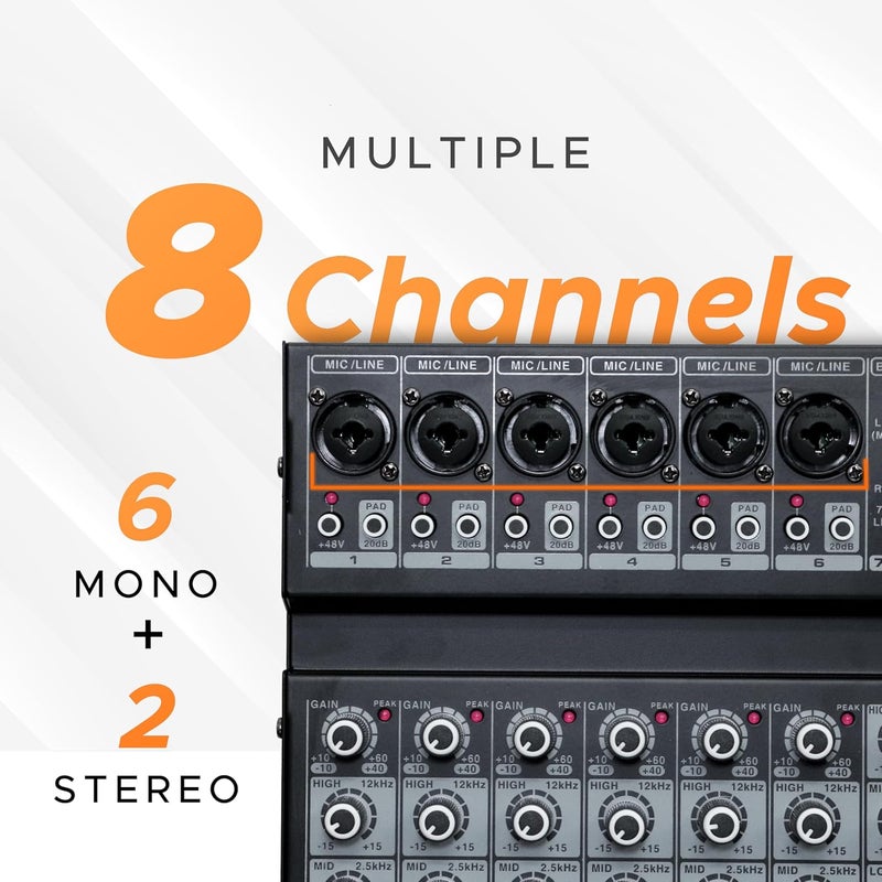 DIGIMORE خلاط 8 قنوات مع واجهة، خلاط DJ بلوتوث 32 DSP تأثير ريفرب +48V فانتوم لاستوديو الكاريوكي والبث والتسجيل (D-256) - Image 2