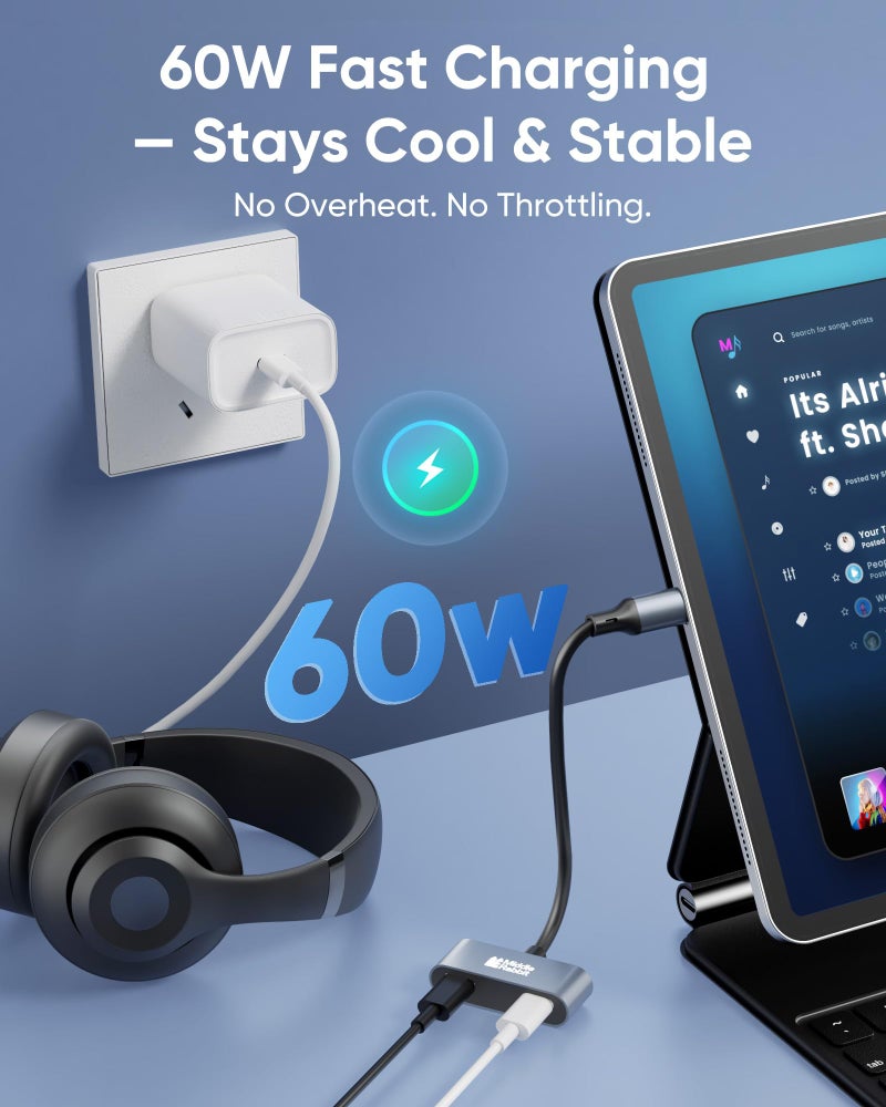 Middle Rabbit USB C Splitter 1 in 2 Out ã€Stay Coolã€‘ 60W PD Fast Charging + Data Port (USB 2.0) Dual USB-C Adapter, Headphone & Charging Splitter, Compatible with iPhone, Android, iPad, MacBook - Image 5