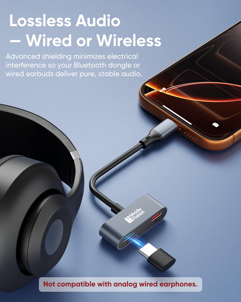 Middle Rabbit USB C Splitter 1 in 2 Out ã€Stay Coolã€‘ 60W PD Fast Charging + Data Port (USB 2.0) Dual USB-C Adapter, Headphone & Charging Splitter, Compatible with iPhone, Android, iPad, MacBook - Image 4
