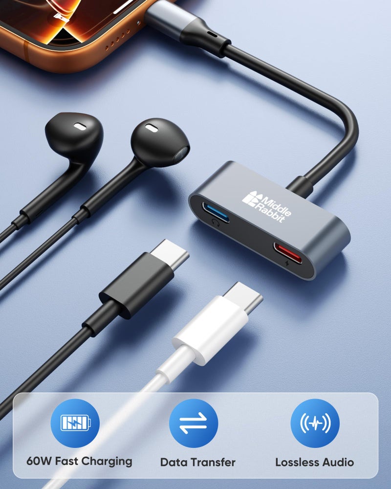 Middle Rabbit USB C Splitter 1 in 2 Out ã€Stay Coolã€‘ 60W PD Fast Charging + Data Port (USB 2.0) Dual USB-C Adapter, Headphone & Charging Splitter, Compatible with iPhone, Android, iPad, MacBook - Image 2