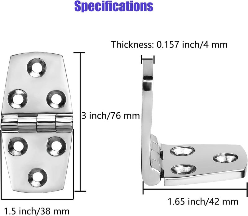 Boat Strap Hinges, Door Hinges, 3 inch x 1.5 inches (76 x 38mm), Stainless Steel Hinges, Marine Hinges, 316 Stainless Steel with Screws (4 PCS) - Image 2