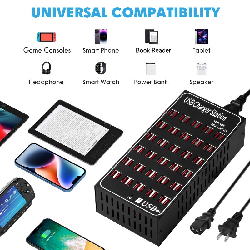 RUANSZZ USB Charging Station for Multiple Devices, 300W 60 Port Desktop Fast Charger Station with Intelligent Protection, Multi Ports USB Charger Block for Home School Hotel Office Shopping Malls - Image 3