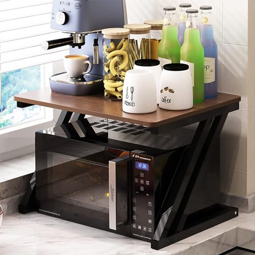 REMANENCE Z Series 2-Layer Microwave Stand, Kitchen Platform Oven Stand Rack, Toaster Organizer with Storage Shelf Metal and Wood | Stand for Microwave (Walnut Brown with Black Frame) - Image 4