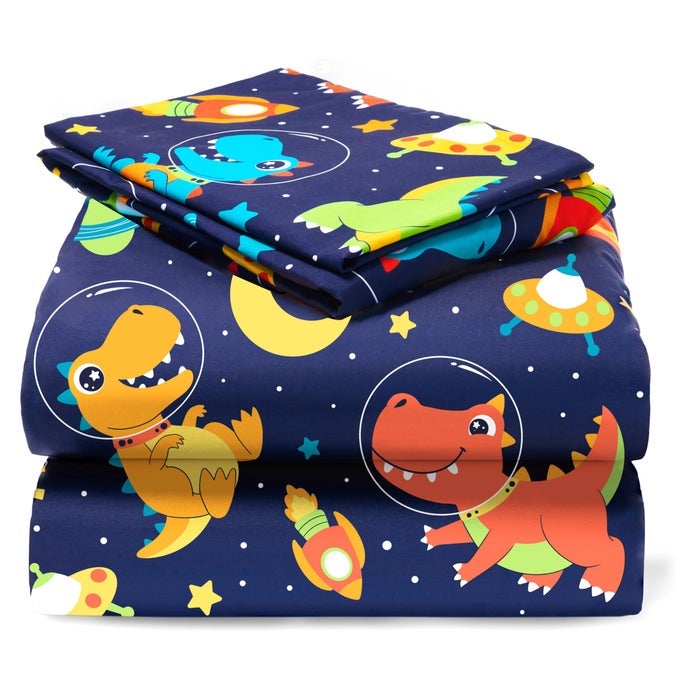 KIDS TWIN SHEET SET SPACE DINOSAUR 3 PIECE SOFT MICROFIBER BED SHEETS DEEP POCKET WRINKLE FREE COZY TODDLER BEDDING SET FADE RESISTANT BREATHABLE FOR BOYS GIRLS TEENS