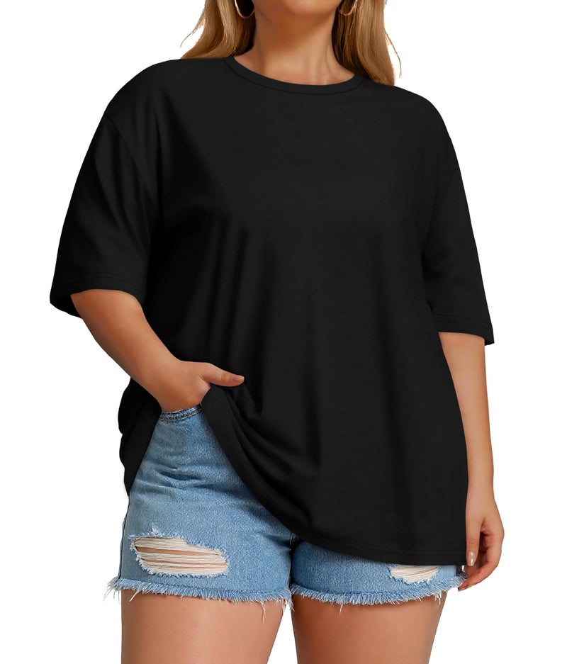 JOELLYUS Plus Size Tops Casual Oversized Tshirts for Women Loose Fit Crew Neck Blouses Summer Basic Tees(Black, 3XL) - Image 3