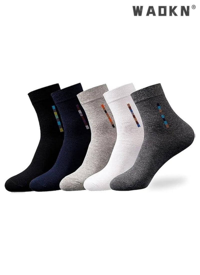 WAOKN 5-Pair 100% Cotton Men's Socks: Mid-Calf, Formal, Moisture-Wicking, Suitable for All Seasons, Striped Pattern in a Variety of Colors for Business Casual Wear  - Image 1
