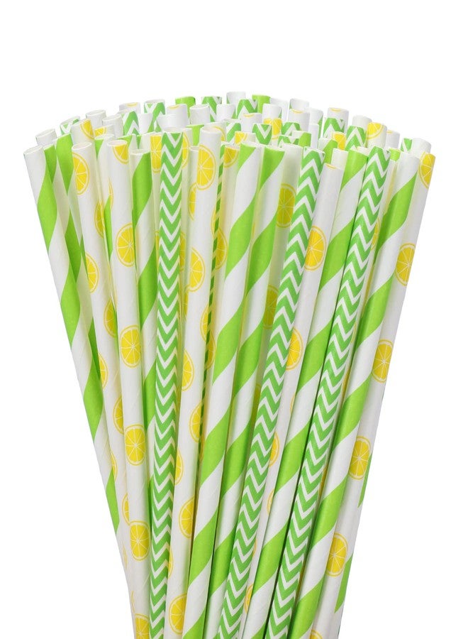 Whaline شعيرات ورقية ليمون 200 قطعة من واهلين صفراء وخضراء قابلة للاستخدام لمرة واحدة بنمط موجي مخطط لشرب المشروبات، مصنوعة بشكل جيد لحفلات استقبال المواليد وزفاف الزينة لربيع وصيف الأحداث والفعاليات. - Image 1