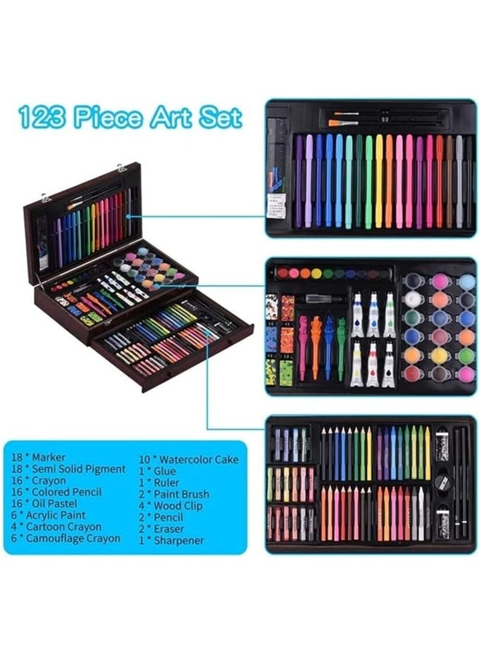 Generic - Art Supplies Set Drawing Sets Wood Box 123-piece Kids Art Painting set,Sketching Set Children's Large Drawing Stencil Kit Crayons Oil Pastels Colored Pencils Markers Brushes Paints Craft (Brown) - Image 1