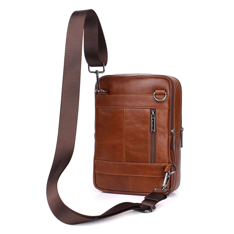 Hebetag حقيبة كتف جلدية صغيرة عتيقة للرجال للسفر والأعمال حقيبة عبر الجسم محفظة ساتشيل حقيبة صدر بنية - Image 4