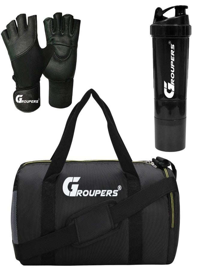 Groupers 20L Foldable Gym Bag for Men & Women - Water-Resistant Duffle with Shoe Pocket, Adjustable Strap, Black (43×25×20 cm) + Gym Gloves & 500ml Shaker Bottle - 3-in-1 Fitness Kit - Image 2