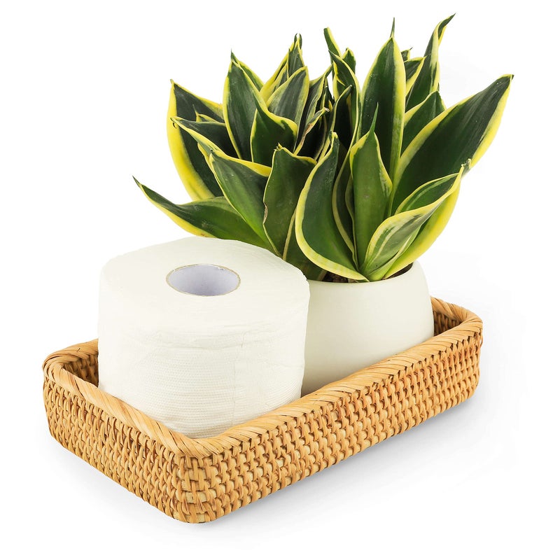 CELEZAR CELEZAR Rattan Toilet Tank Basket Woven Guest Towel Holder for Serving Organizing Bread Shelves 10 x 6 x 2 inches Bathroom Counter Organizers and Storage Decorative Wicker Tray Honey Brown 