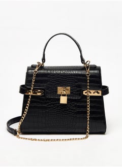Animal Textured Satchel Bag with Flap Closure and Lock Accent