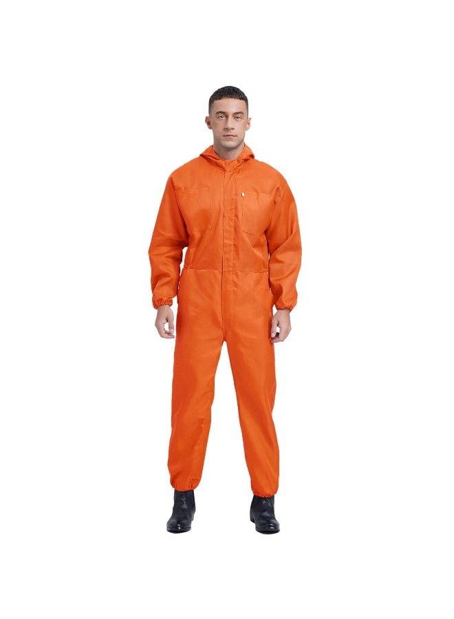 Mens Dustproof Hooded Coverall Long Sleeve Front Half Zipper Big Pockets Overalls Jumpsuit 
