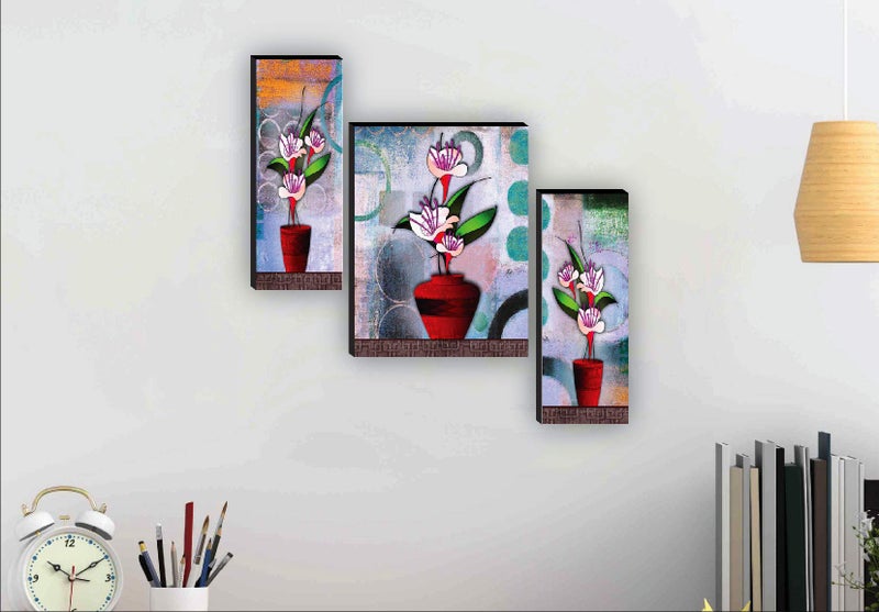 SAF paintings Set of 3 Flower Pot UV Textured Paintings for living room with frame Painting 12 Inch X 18 Inch SAF-JM9127 - Image 2