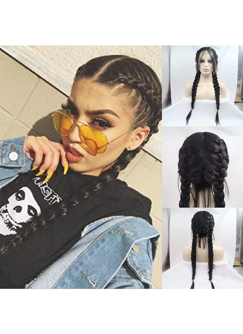 RainaHair - Black Color Double Braided Wigs with Baby Hair Heat Resistant Synthetic Lace Front Wigs for Women Natural 2x Twist Braids Long Hair Glueless Synthetic Wig - Image 1