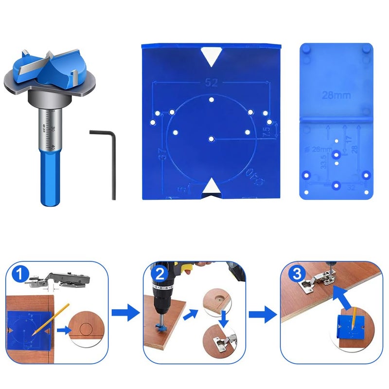 Serplex طقم أدوات تثبيت المفصلات المخفية ®، بت حفر فورستنر 35 مم، قالب مفصلات، قاعدة دليل الحفر ومفتاح سداسي، أداة نجارة لتركيب خزائن المطبخ - Image 5