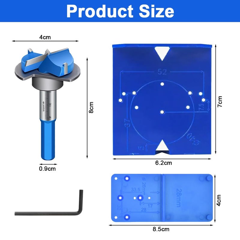 Serplex طقم أدوات تثبيت المفصلات المخفية ®، بت حفر فورستنر 35 مم، قالب مفصلات، قاعدة دليل الحفر ومفتاح سداسي، أداة نجارة لتركيب خزائن المطبخ - Image 2