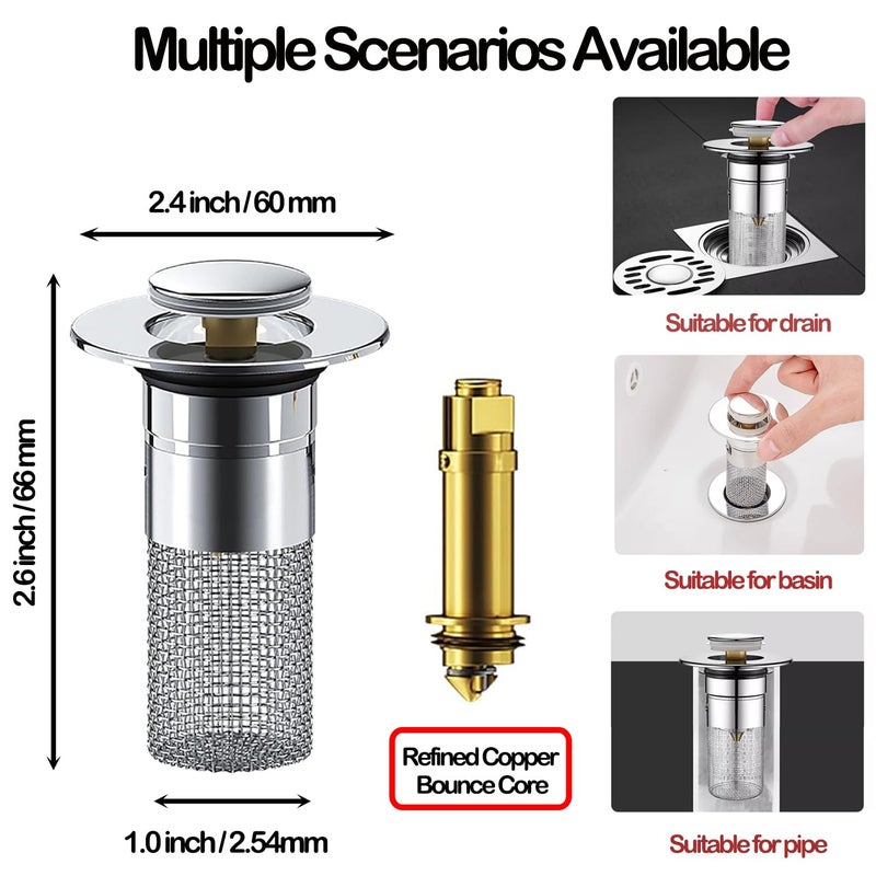 Zehhe Pop Up Bathroom Sink Drain Strainer Hair Catcher  Sink Drain Stopper With Removable Stainless Steel Filter Basket  For Us Universal Bathroom Kitchen Basin Sink Stopper Replacement - Image 5
