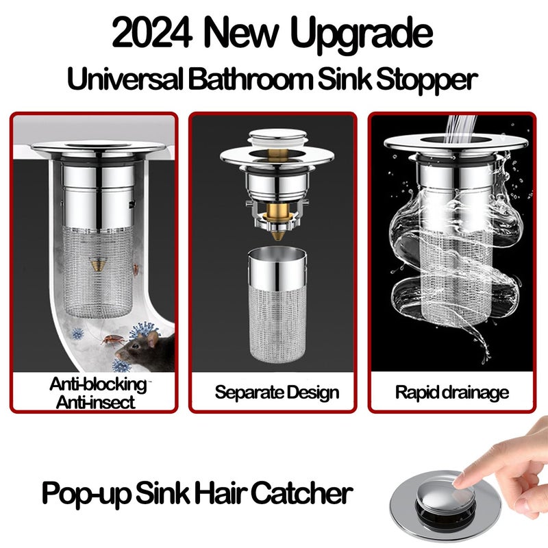 Zehhe Pop Up Bathroom Sink Drain Strainer Hair Catcher  Sink Drain Stopper With Removable Stainless Steel Filter Basket  For Us Universal Bathroom Kitchen Basin Sink Stopper Replacement - Image 3