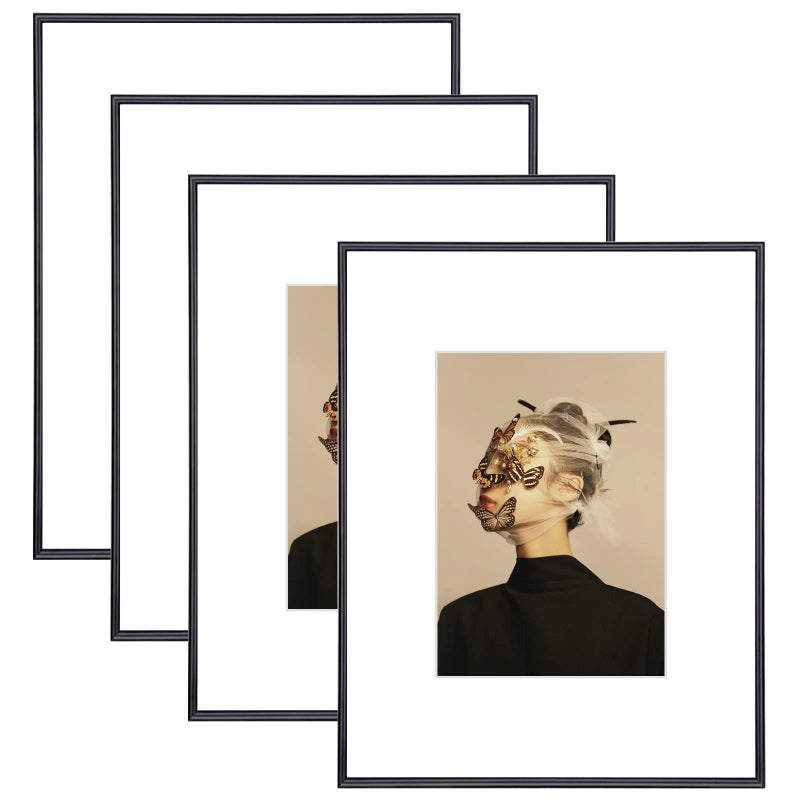 Fkvat 85x11 Picture Frame Set of 4 Matted Black Simple Modern Brushed Thin Aluminum Metal Photo Frame Fits 5x7 with Mat or 85 x 11 without Mat  Vertical and Horizontal for Tabletop and Wall