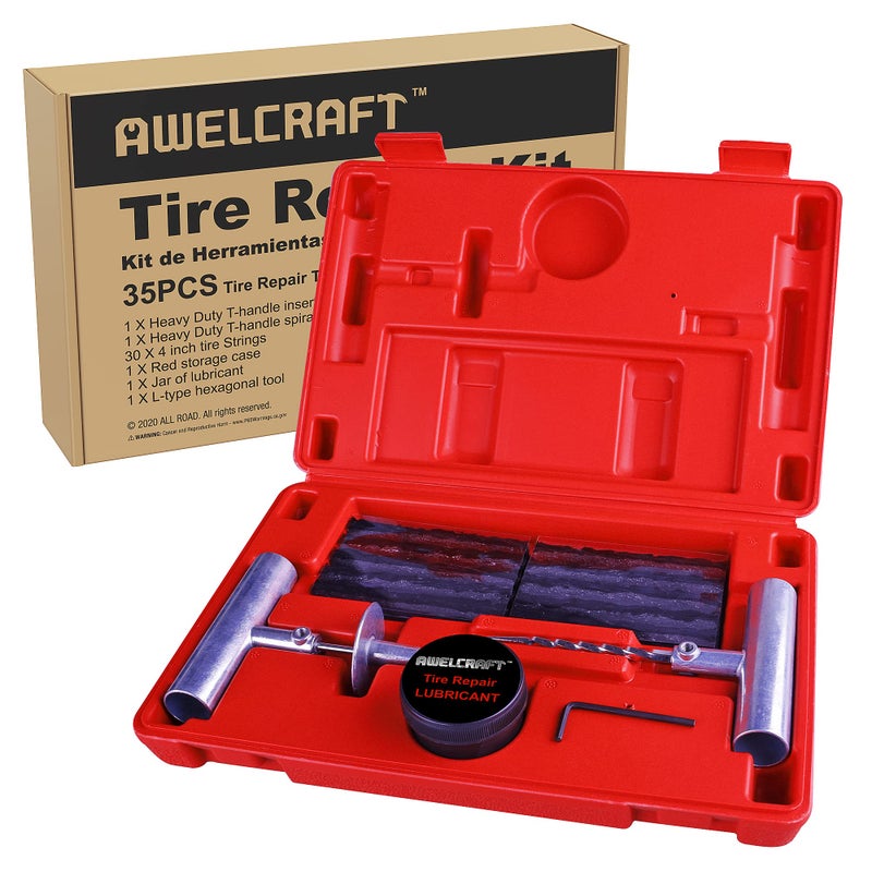 AWELCRAFT 35Piece Universal Heavy Duty Tire Plug Kit to Fix Punctures and Plug Flats Ideal for Cars Trucks Motorcycles ATV with Storage case