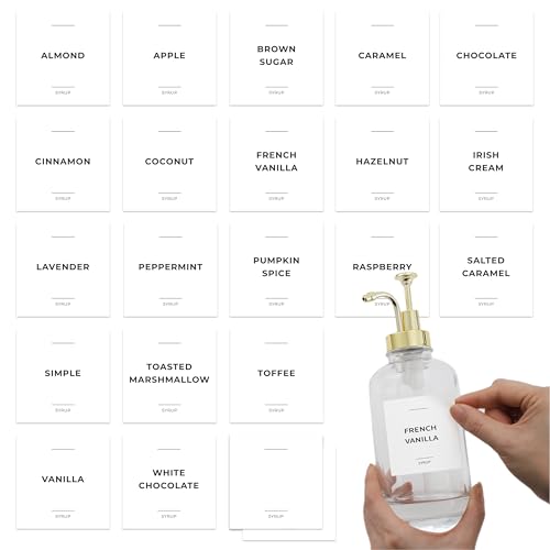 Spaceneat Coffee Syrup Labels for Bottles, Syrup Dispensers - 2.5" x 2.5" Waterproof & Durable PVC Stickers - Modern Coffee Bar Essentials for Home, Kitchen, Beverage Station - Minimalist White, 22pcs - Image 1
