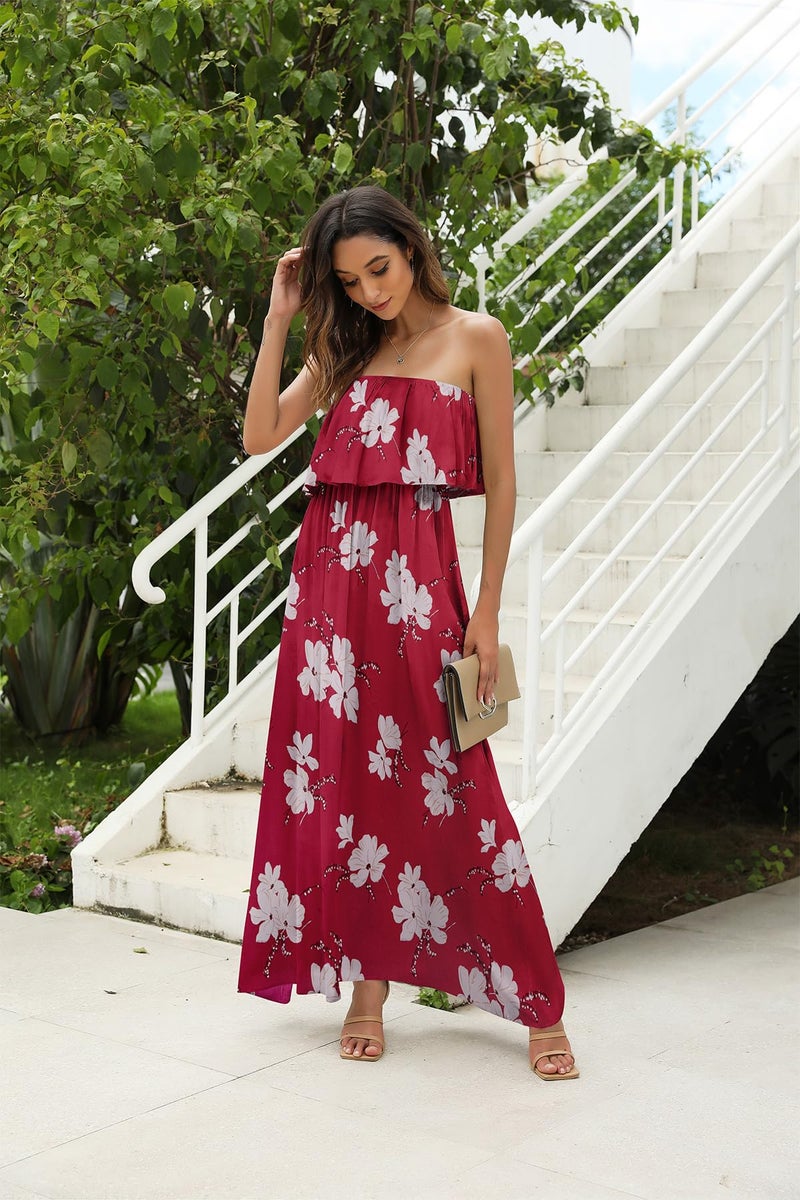 ZMPSIISA Women's Summer Off The Shoulder Maxi Dress Ruffle Strapless Blue White Porcelain Boho Casual Loose Long Dresses(A-Wine Red Flower,Medium) - Image 5
