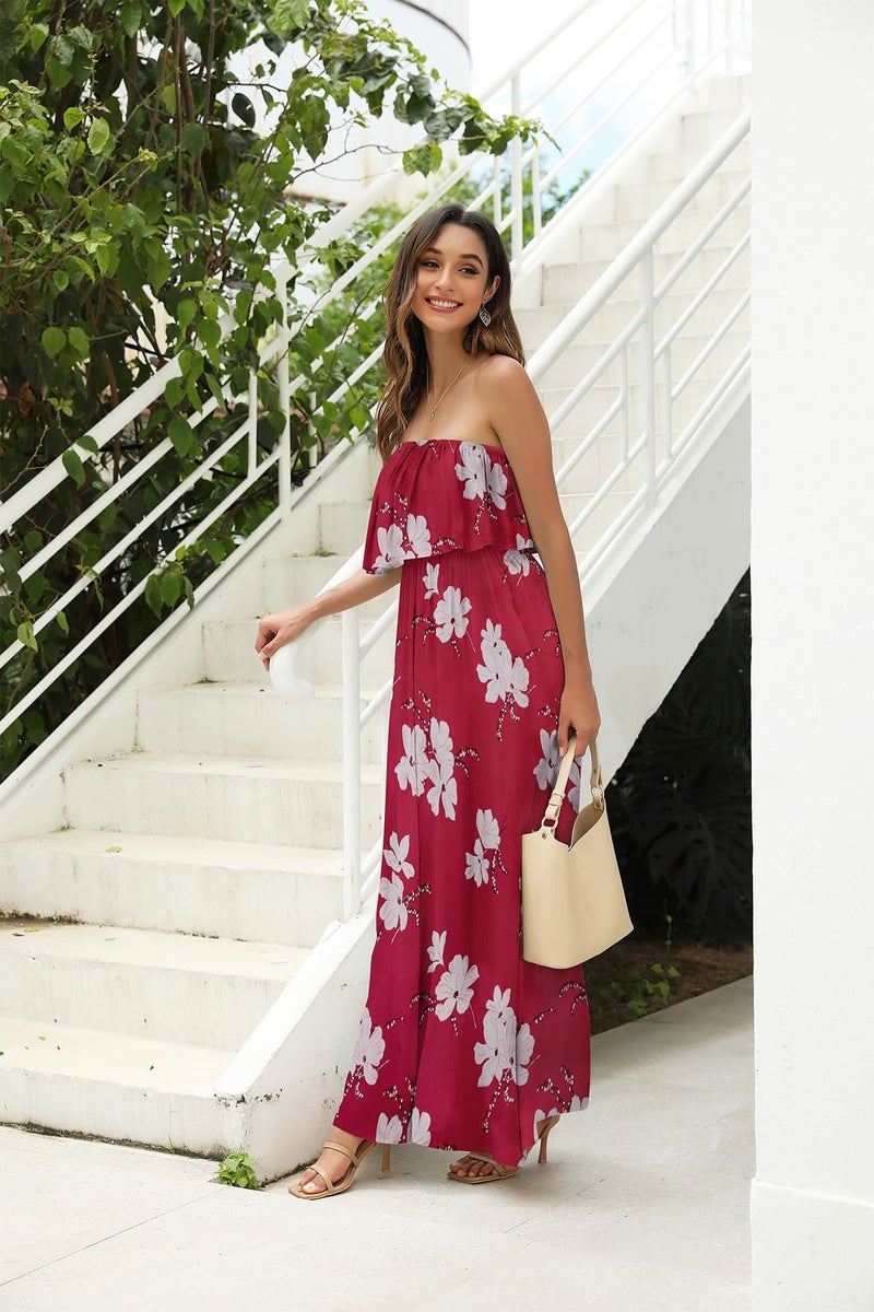 ZMPSIISA Women's Summer Off The Shoulder Maxi Dress Ruffle Strapless Blue White Porcelain Boho Casual Loose Long Dresses(A-Wine Red Flower,Medium) - Image 3