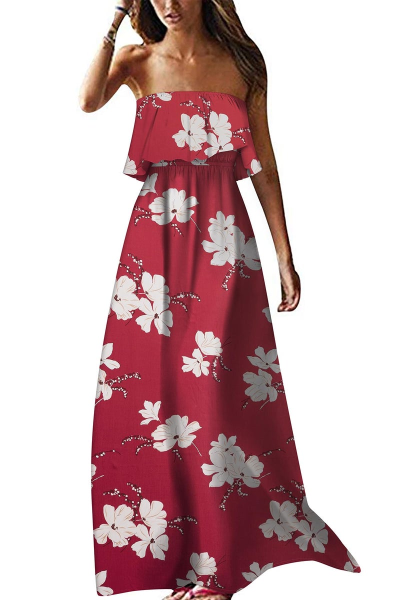 ZMPSIISA Women's Summer Off The Shoulder Maxi Dress Ruffle Strapless Blue White Porcelain Boho Casual Loose Long Dresses(A-Wine Red Flower,Medium) - Image 1