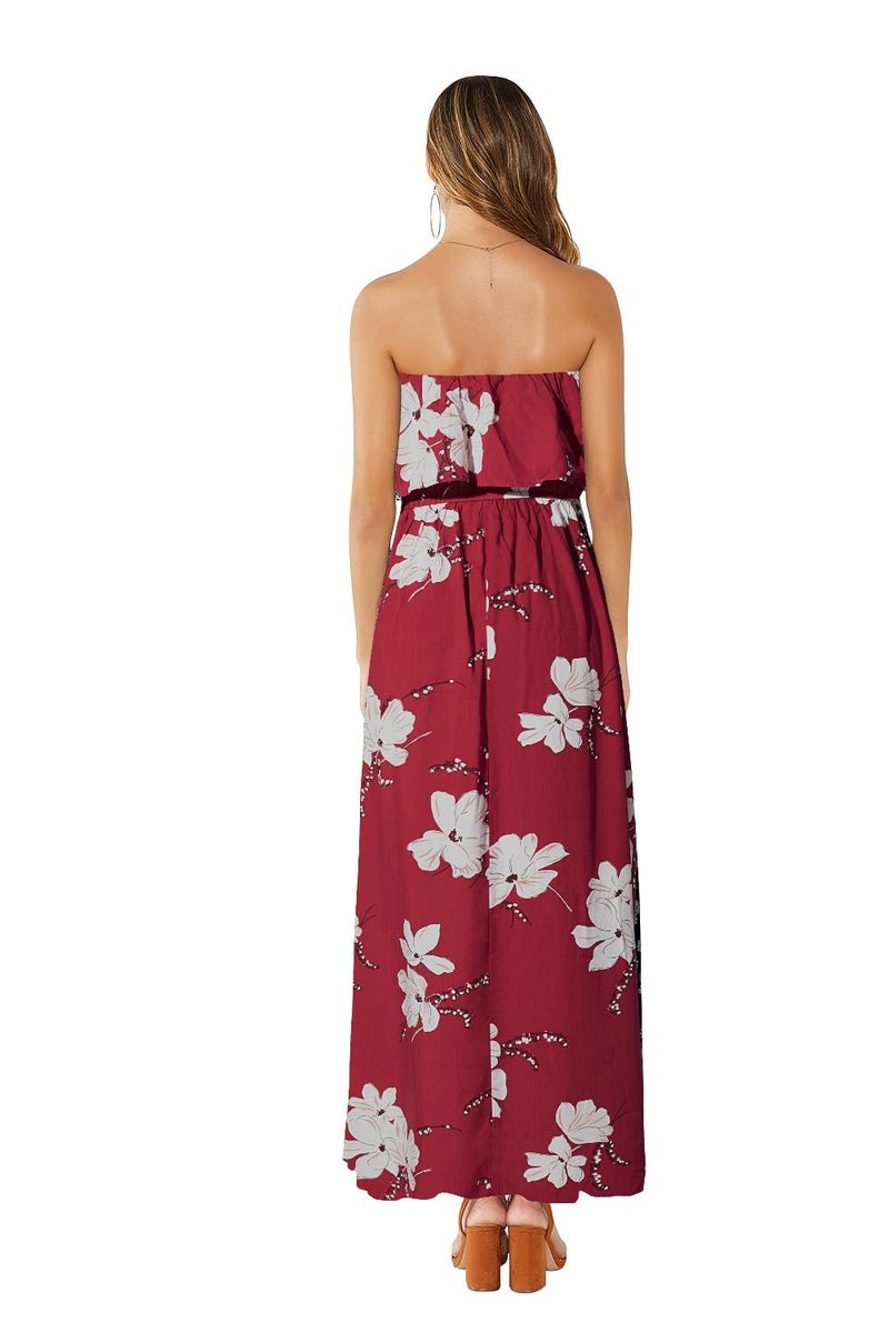 ZMPSIISA Women's Summer Off The Shoulder Maxi Dress Ruffle Strapless Blue White Porcelain Boho Casual Loose Long Dresses(A-Wine Red Flower,Medium) - Image 2