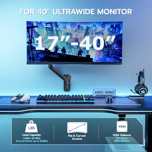 ARES WING Single Monitor Wall Mount for 17-40 Inch Ultrawide Screens, Heavy Duty Monitor Arm Up to 26.4 lbs, Fully Adjustable Wall Mount, VESA 75x75/100x100 Compatible, Black - Image 2