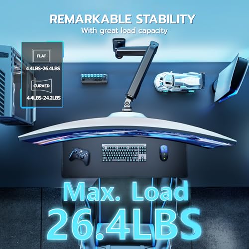 ARES WING Single Monitor Wall Mount for 17-40 Inch Ultrawide Screens, Heavy Duty Monitor Arm Up to 26.4 lbs, Fully Adjustable Wall Mount, VESA 75x75/100x100 Compatible, Black - Image 3