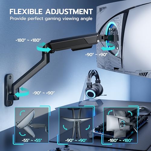 ARES WING Single Monitor Wall Mount for 17-40 Inch Ultrawide Screens, Heavy Duty Monitor Arm Up to 26.4 lbs, Fully Adjustable Wall Mount, VESA 75x75/100x100 Compatible, Black - Image 5